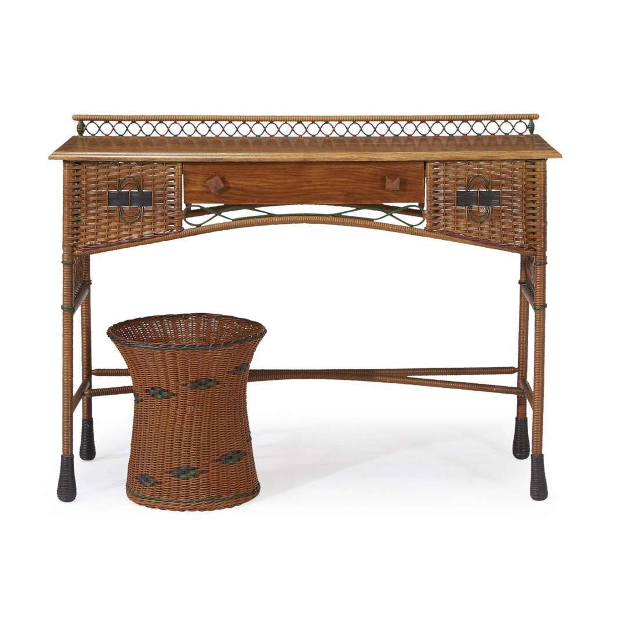A polychrome painted rattan and oak console table and wastepaper basket american, circa 1910