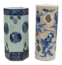 Two Blue and White Chinese Export Porcelain Hat Stands Height of tallest 11 3/4 inches. — 20TH CENTURY