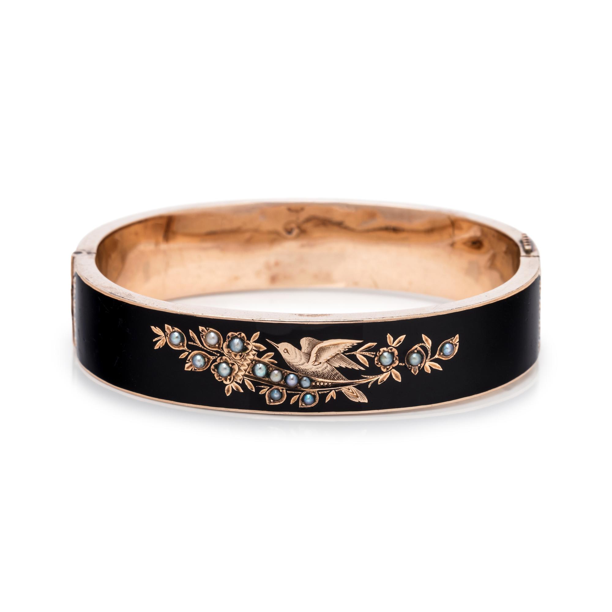 VICTORIAN, ENAMEL AND SEED PEARL MOURNING BANGLE BRACELET