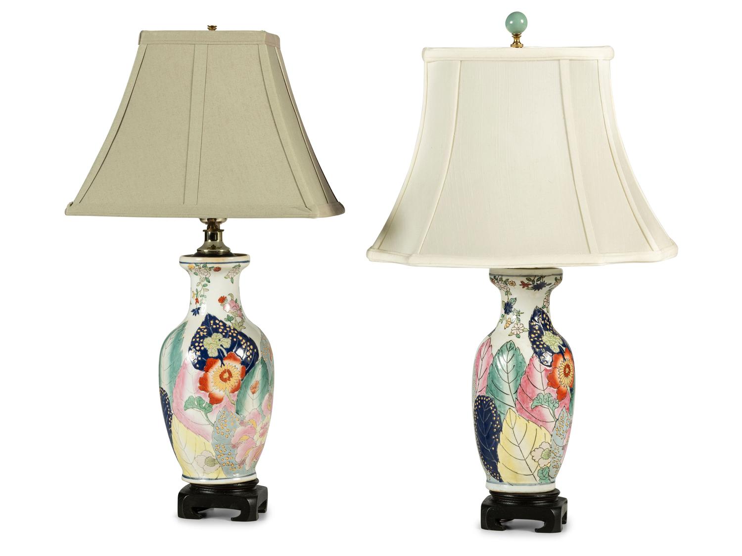 A Pair of Chinese Export Porcelain 'Tobacco Leaf' Vases Mounted as Lamps