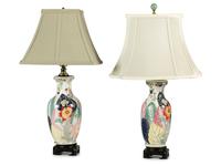 A Pair of Chinese Export Porcelain 'Tobacco Leaf' Vases Mounted as Lamps