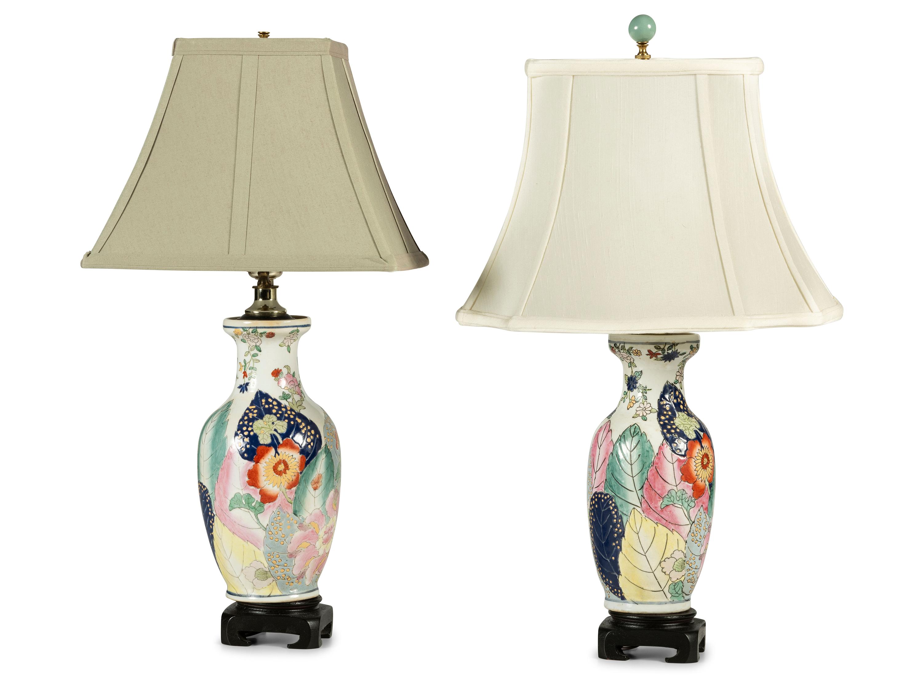 A Pair of Chinese Export Porcelain 'Tobacco Leaf' Vases Mounted as Lamps