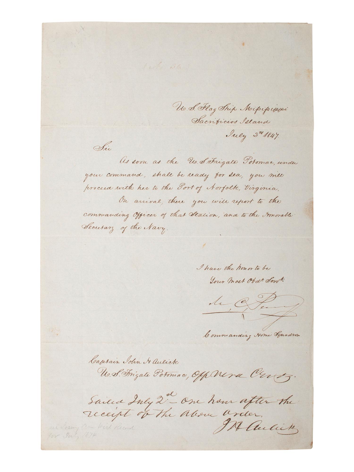 PERRY, Matthew C. (1794-1858). Letter signed. USS Mississippi, "Sacrificios Island," 2 July 1847.