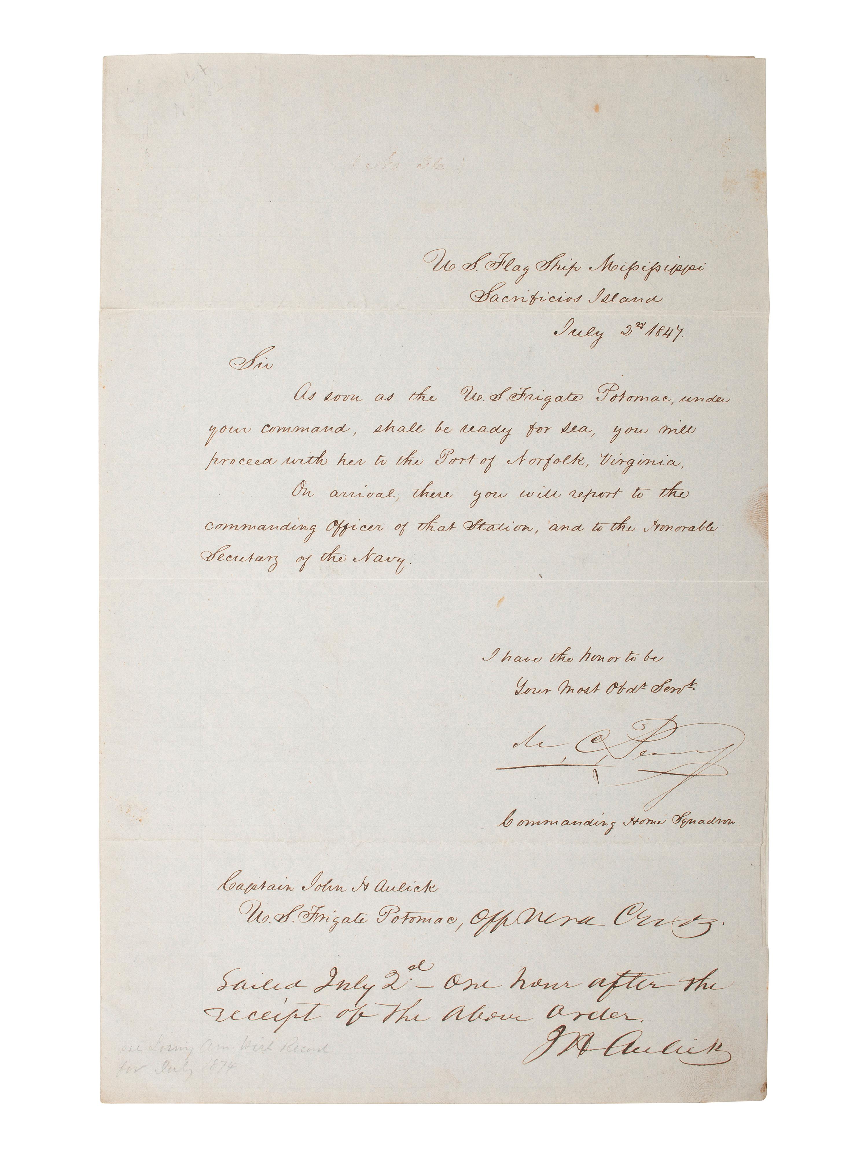 PERRY, Matthew C. (1794-1858). Letter signed. USS Mississippi, "Sacrificios Island," 2 July 1847.