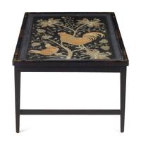 A Chinoiserie Decorated Vitrine Table Inset with an Embroidered Beadwork Picture