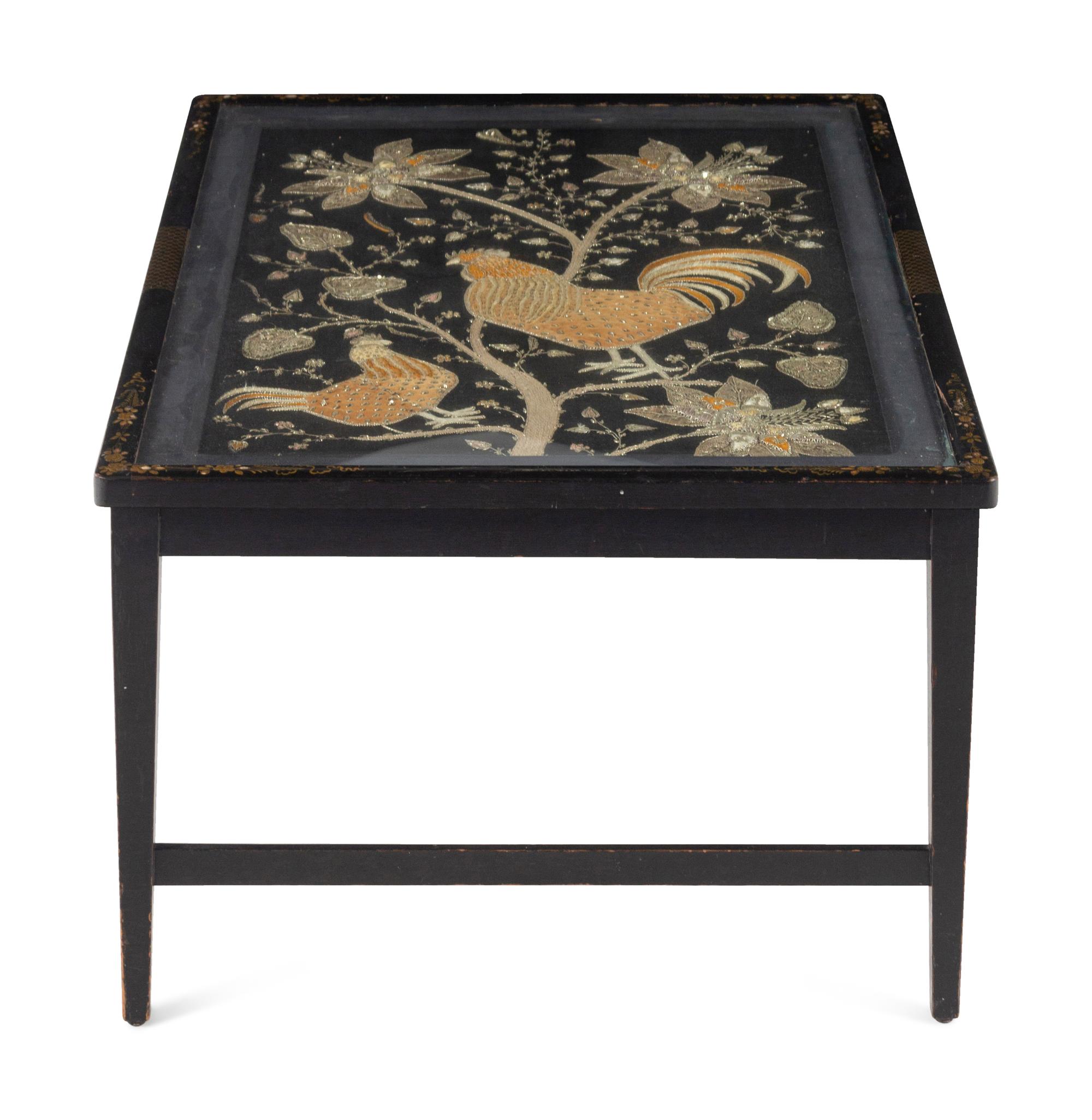 A Chinoiserie Decorated Vitrine Table Inset with an Embroidered Beadwork Picture