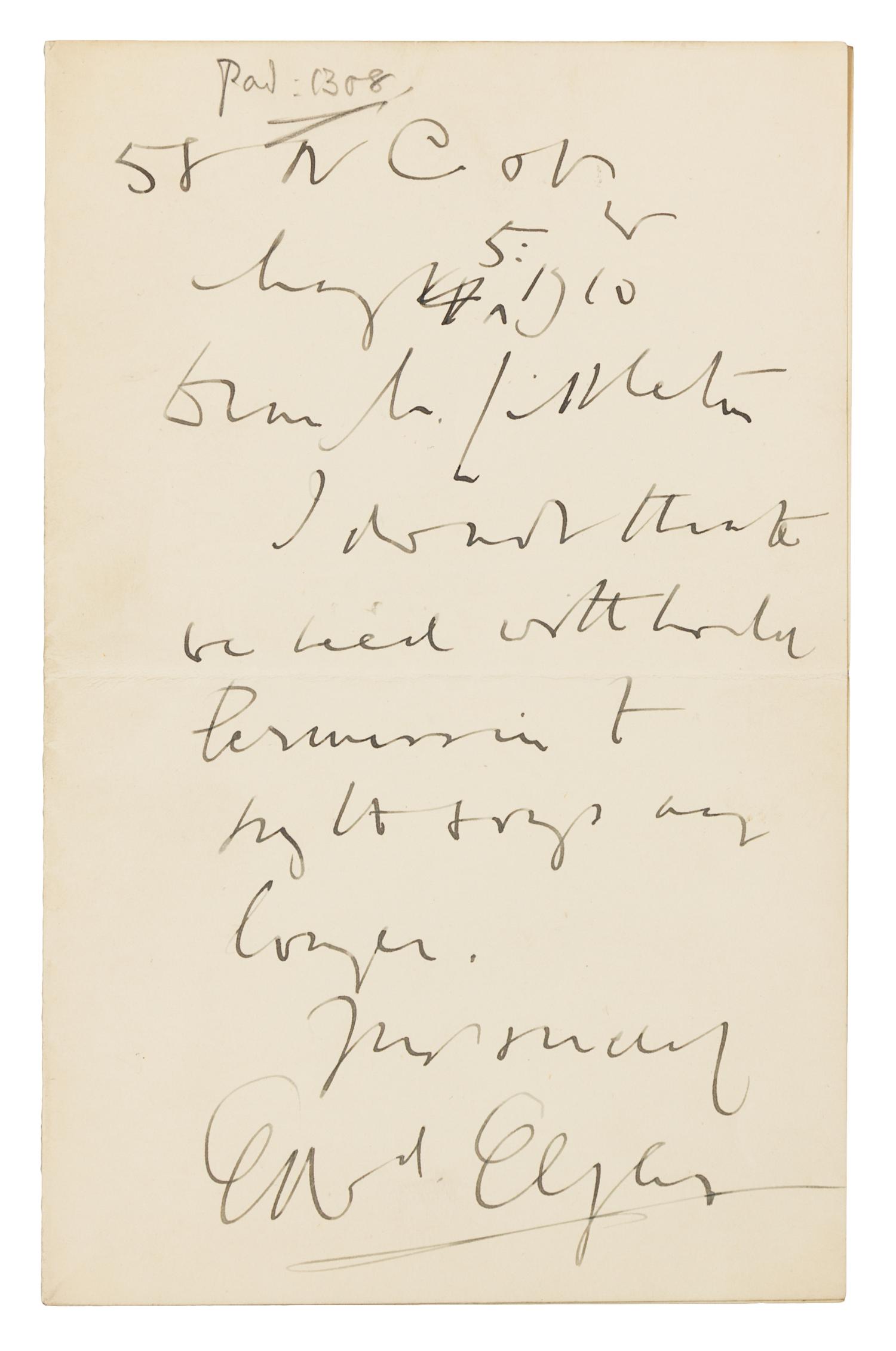 ELGAR, Edward (1857-1934). Autograph letter signed ("Edrd. Elgar"), to Alfred Littleton. N[ew] C[avendish] St., 5 May 1910.