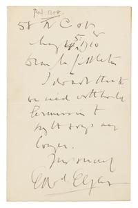 ELGAR, Edward (1857-1934). Autograph letter signed ("Edrd. Elgar"), to Alfred Littleton. N[ew] C[avendish] St., 5 May 1910.