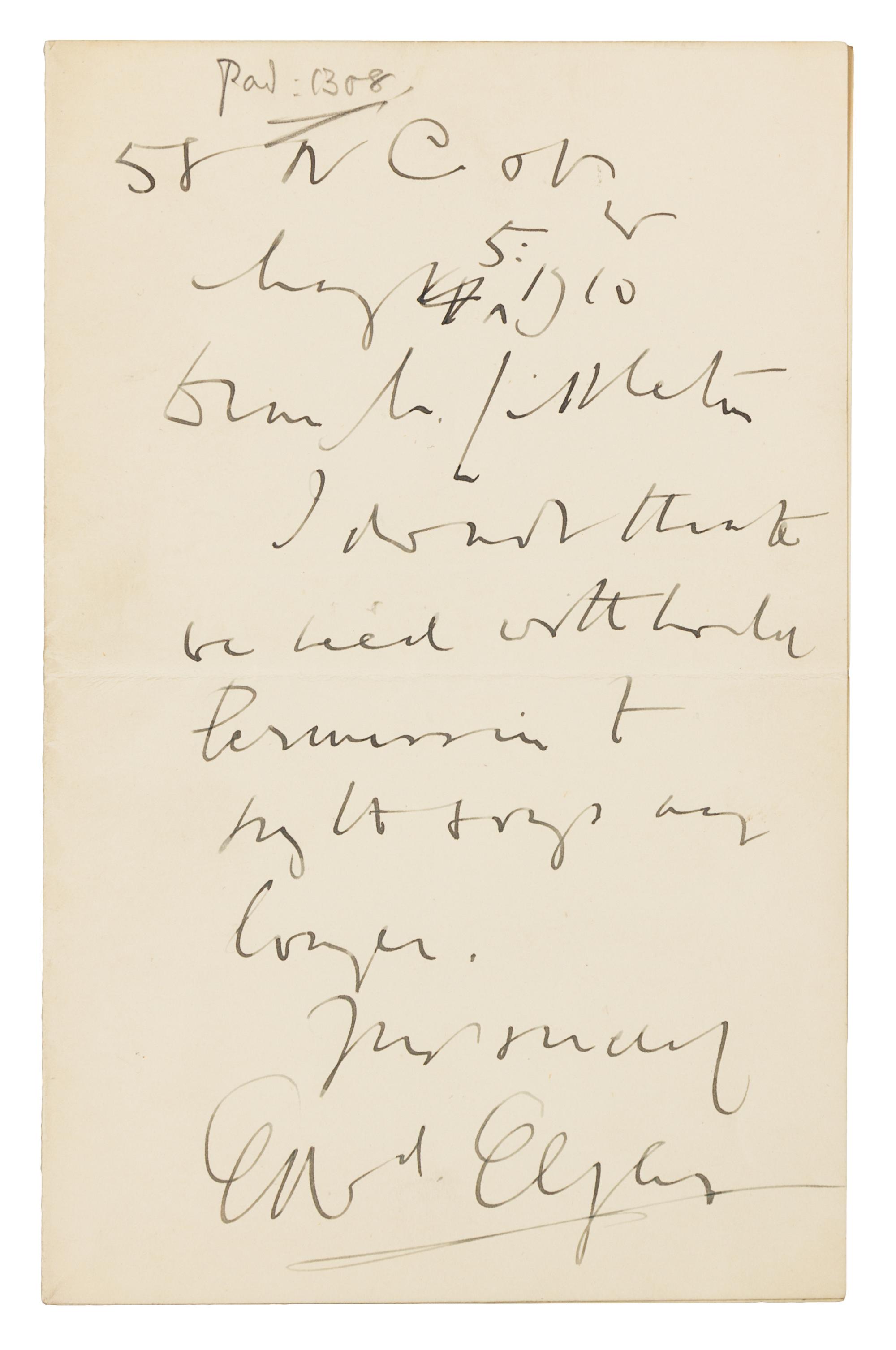 ELGAR, Edward (1857-1934). Autograph letter signed ("Edrd. Elgar"), to Alfred Littleton. N[ew] C[avendish] St., 5 May 1910.