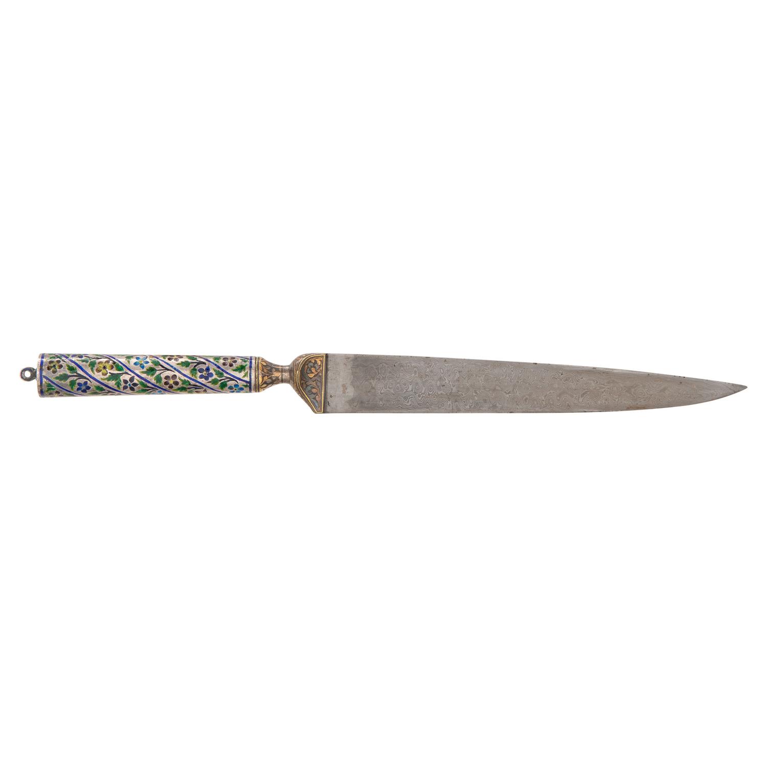 19th Century Indo-Persian Kard Dagger with Enameled Hilt and Wootz Steel Blade