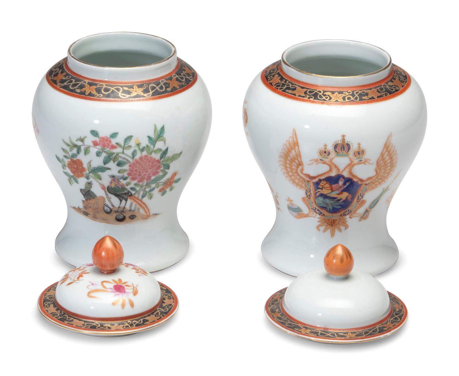 A Pair of Chinese Export Porcelain Lidded Jars Made for the Russian Market