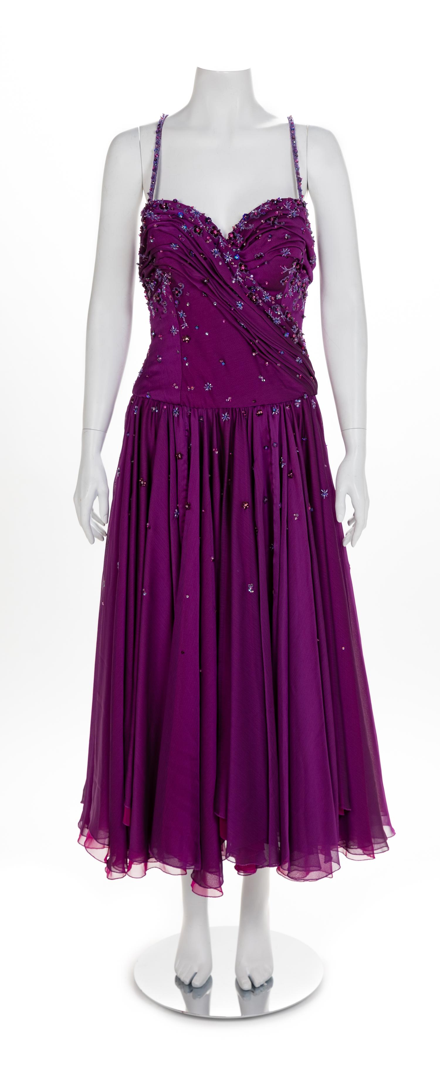Two Draped and Beaded Chiffon Dresses, 1980-90s