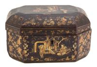 A Chinese Export Black and Gilt Lacquered Octagonal Box Height 5 x width 8 x depth 5 inches. — 19TH CENTURY