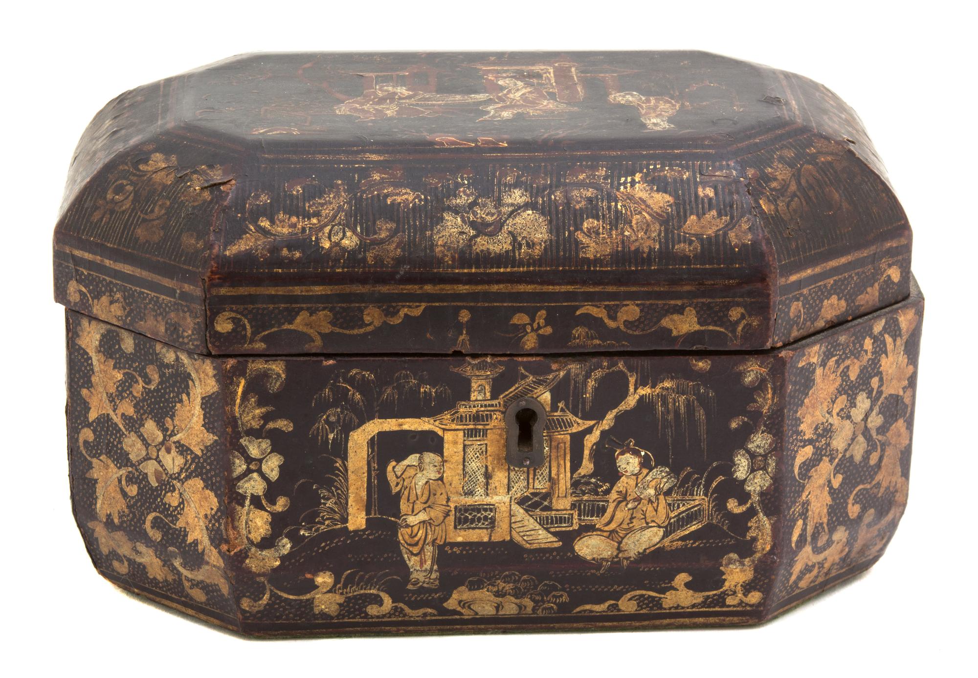 A Chinese Export Black and Gilt Lacquered Octagonal Box Height 5 x width 8 x depth 5 inches. — 19TH CENTURY