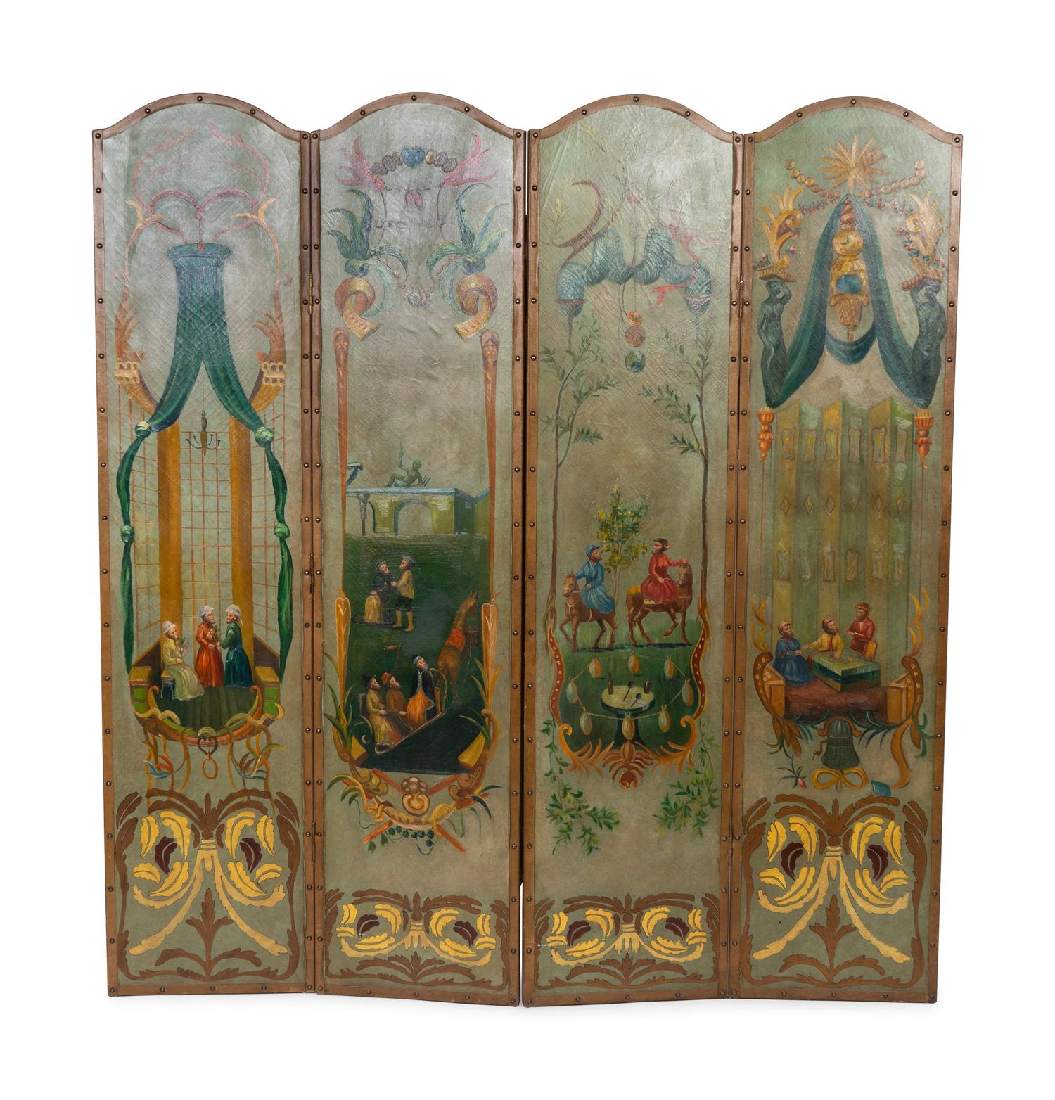A Painted Leather Four-Panel Floor Screen — EARLY 20TH CENTURY