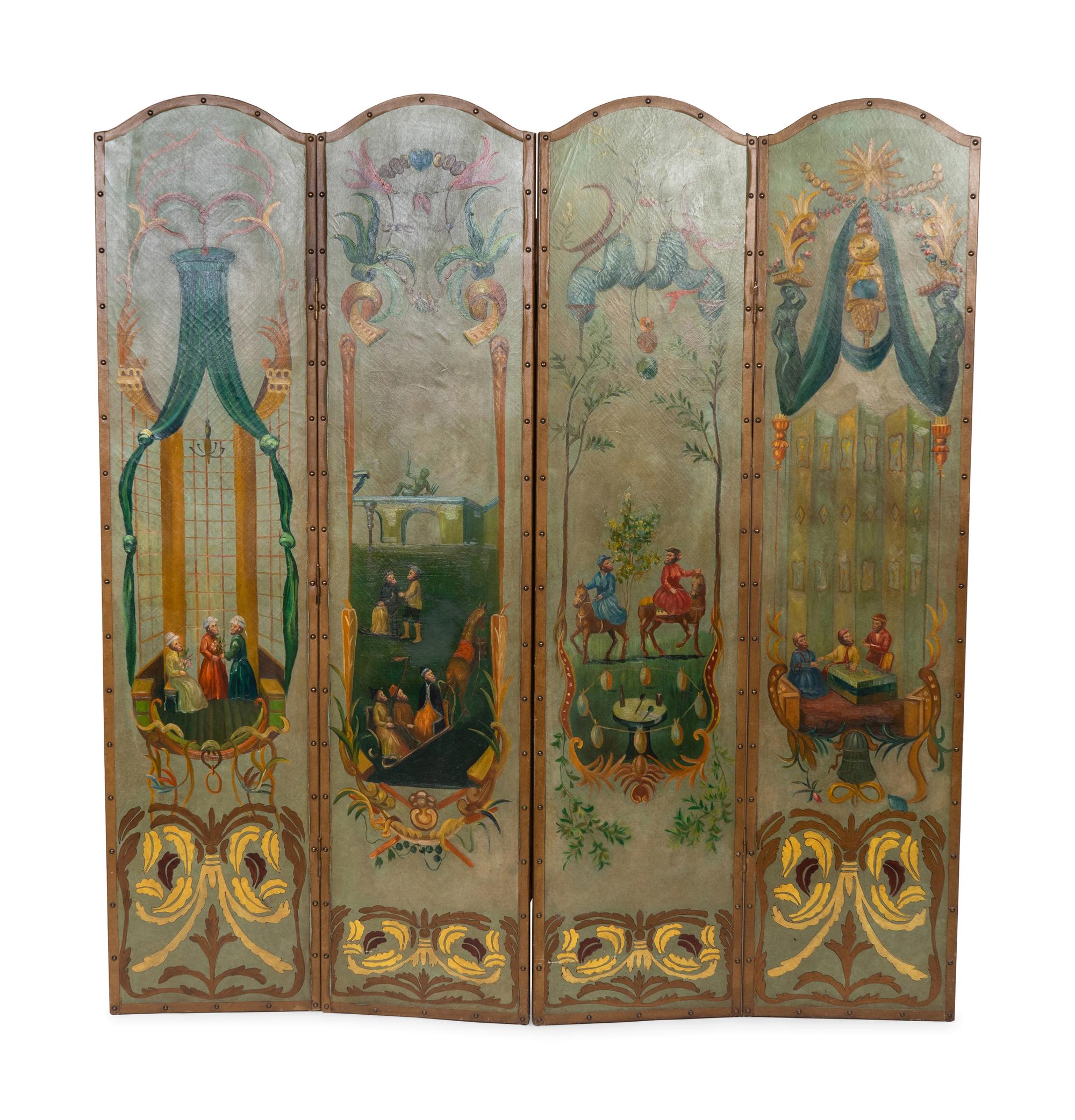 A Painted Leather Four-Panel Floor Screen — EARLY 20TH CENTURY