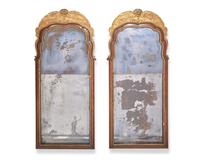 A pair of Queen Anne giltwood and walnut veneered pier glasses with etched mirror plates, 18th / 19th century