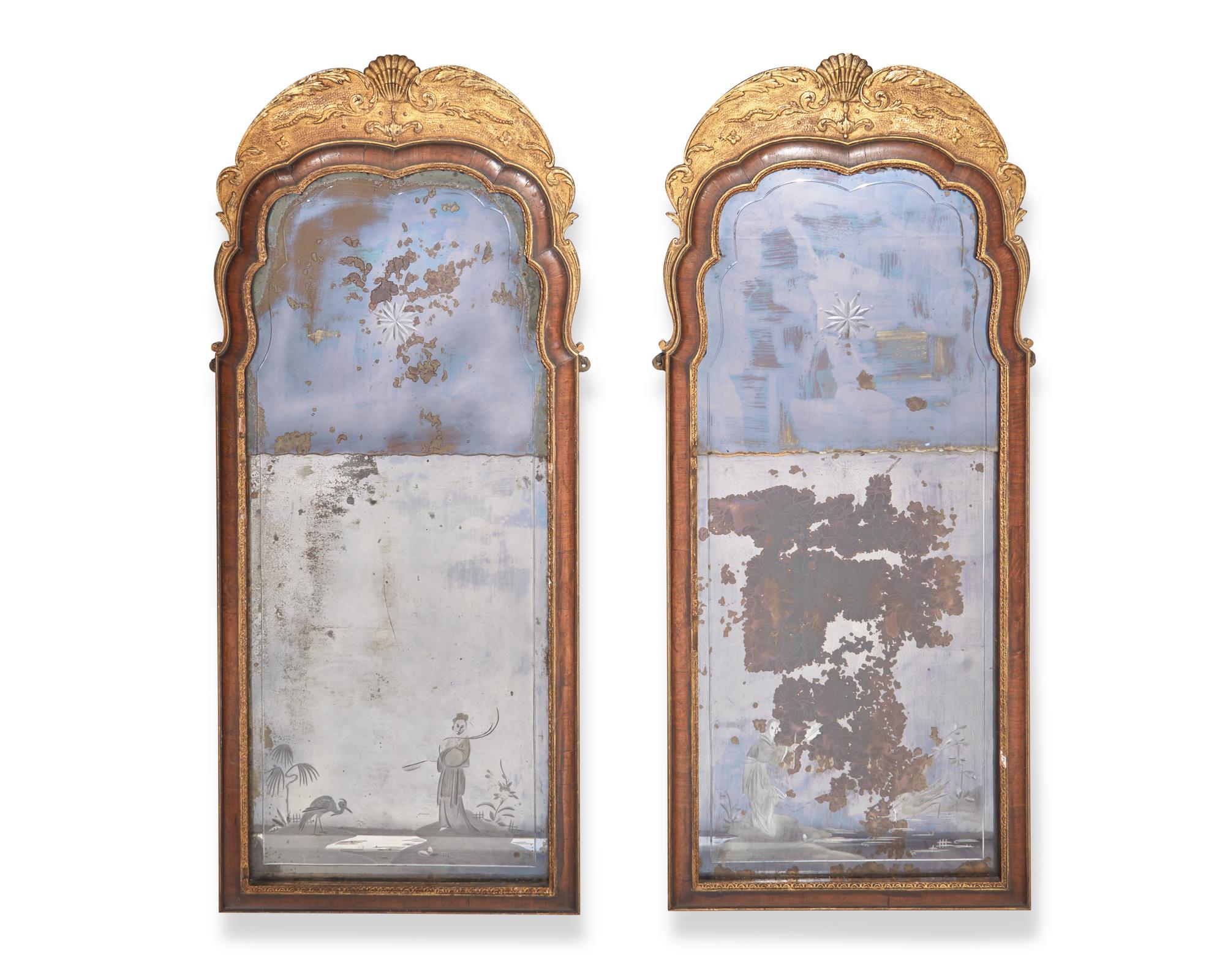 A pair of Queen Anne giltwood and walnut veneered pier glasses with etched mirror plates, 18th / 19th century