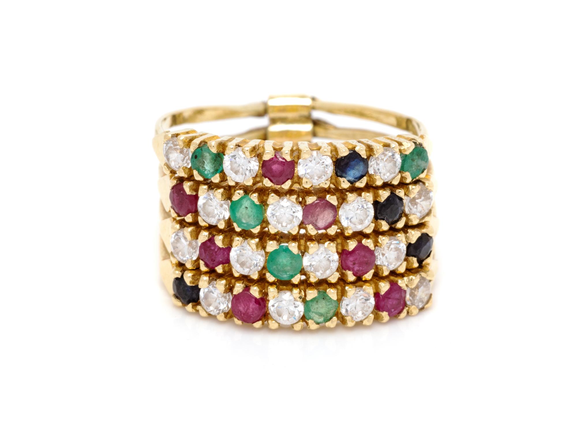 A Yellow Gold, Diamond Simulant, Emerald, Ruby and Sapphire Ring,