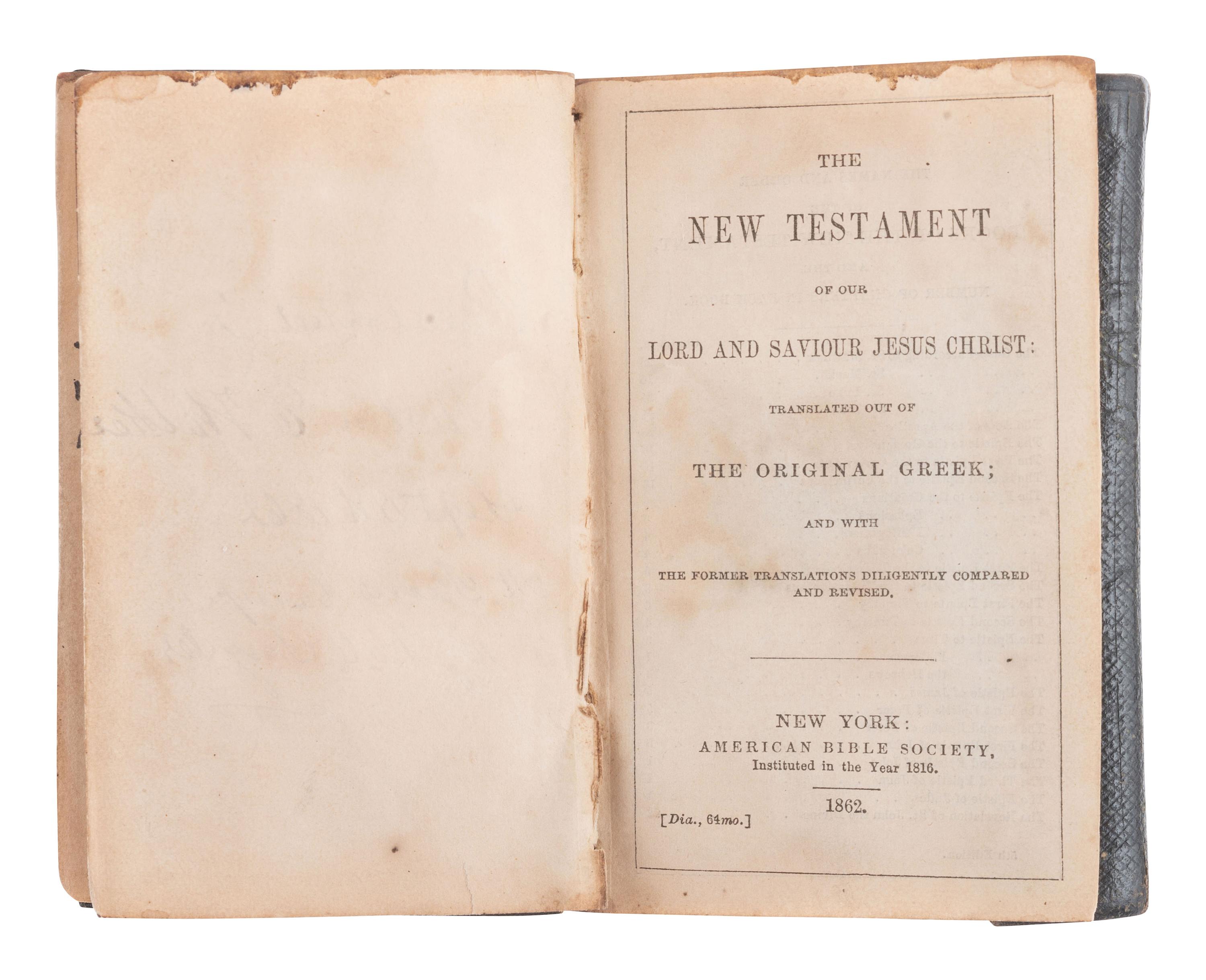 [CIVIL WAR]. 2 pocket New Testaments identified to Austin Walker, 77th Illinois Infantry, WIA.