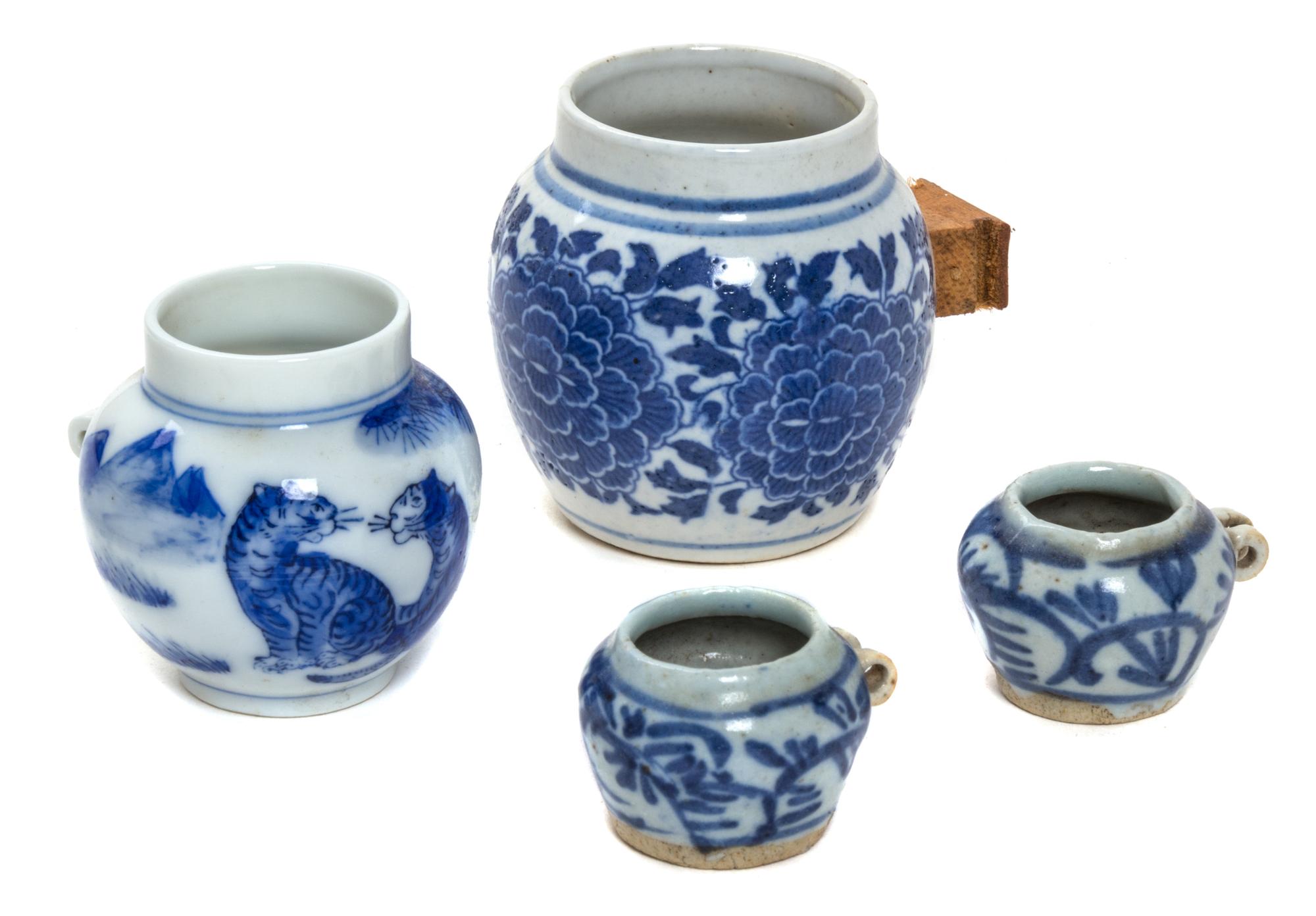 A Group of Four Blue and White Porcelain Jars Height of tallest 2 3/4 inches.