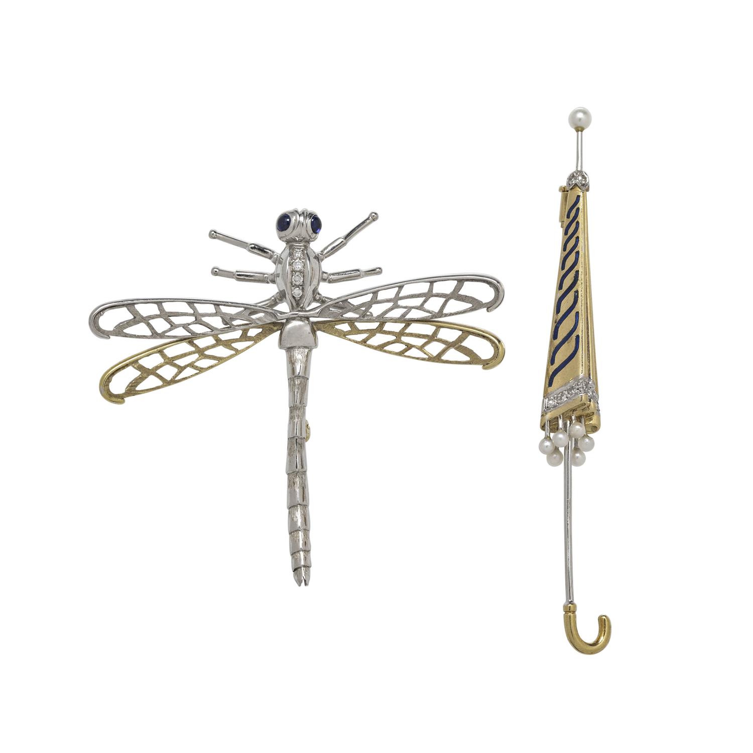 BICOLOR GOLD AND DIAMOND BROOCHES