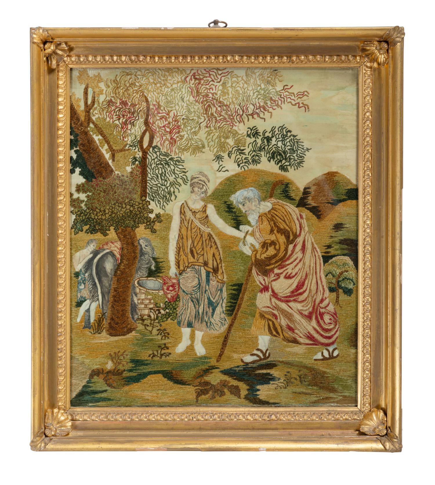 An English Silkwork Embroidered Picture of Rebecca and Eliezer at the Well