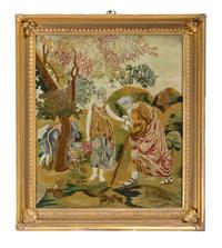 An English Silkwork Embroidered Picture of Rebecca and Eliezer at the Well