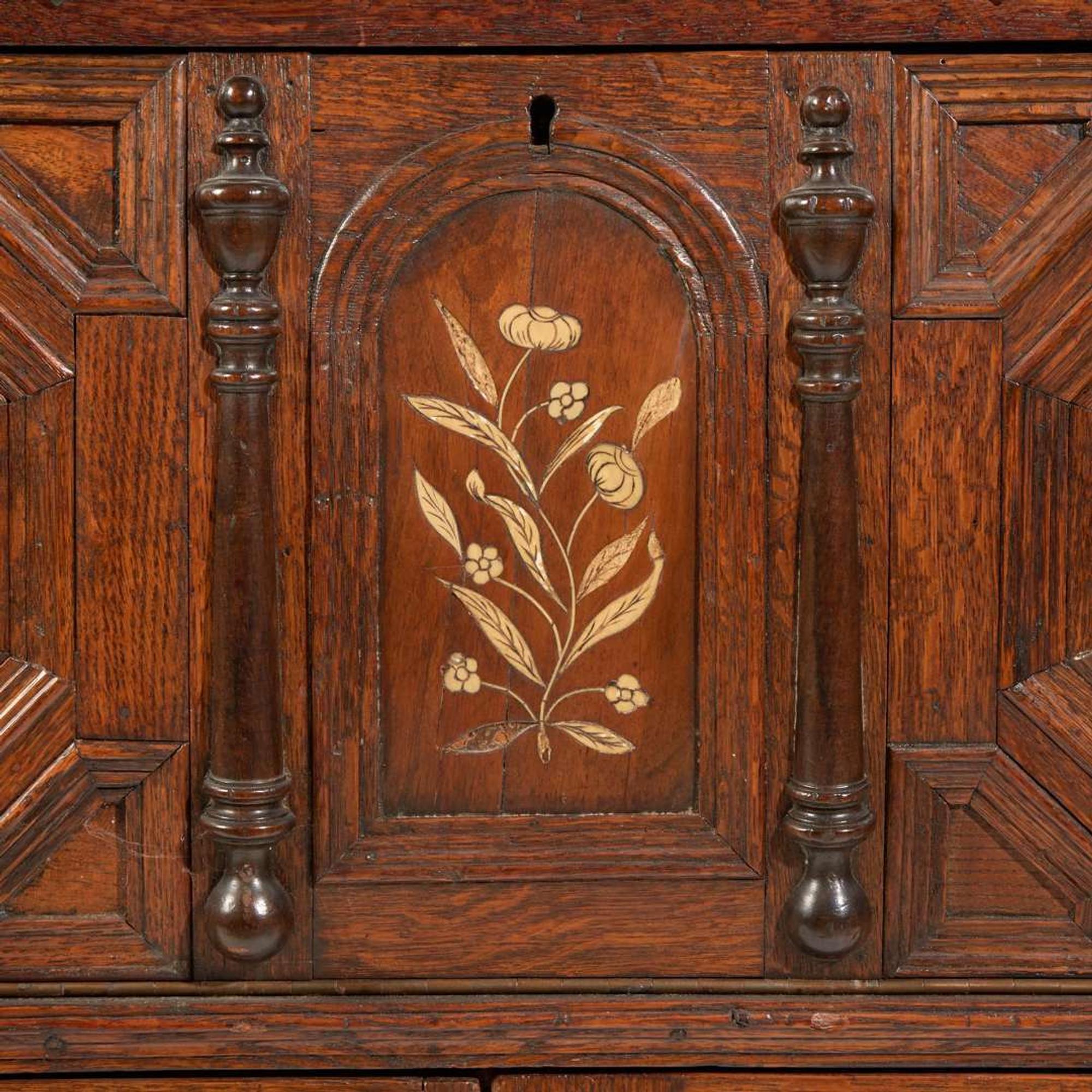 Two James II style inlaid walnut cupboards, late 19th / early 20th century, partially incorporating 17th-century elements