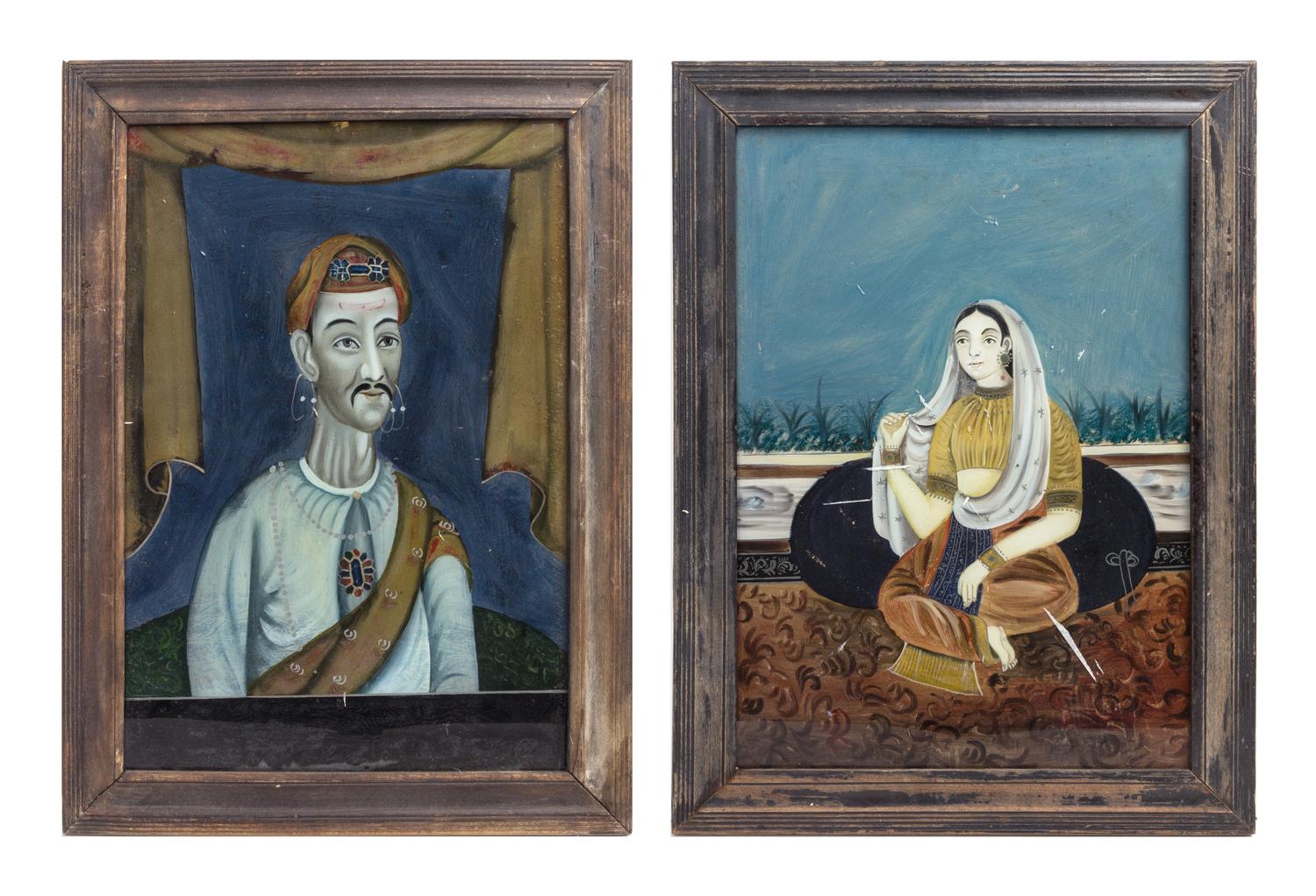 A Pair of Middle Eastern Subject Reverse Paintings on Glass, Height overall 23 1/2 x width 17 1/4 inches.