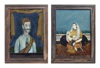 A Pair of Middle Eastern Subject Reverse Paintings on Glass, Height overall 23 1/2 x width 17 1/4 inches.