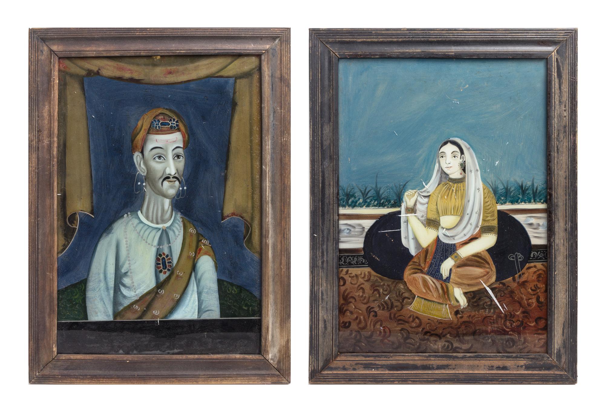 A Pair of Middle Eastern Subject Reverse Paintings on Glass, Height overall 23 1/2 x width 17 1/4 inches.