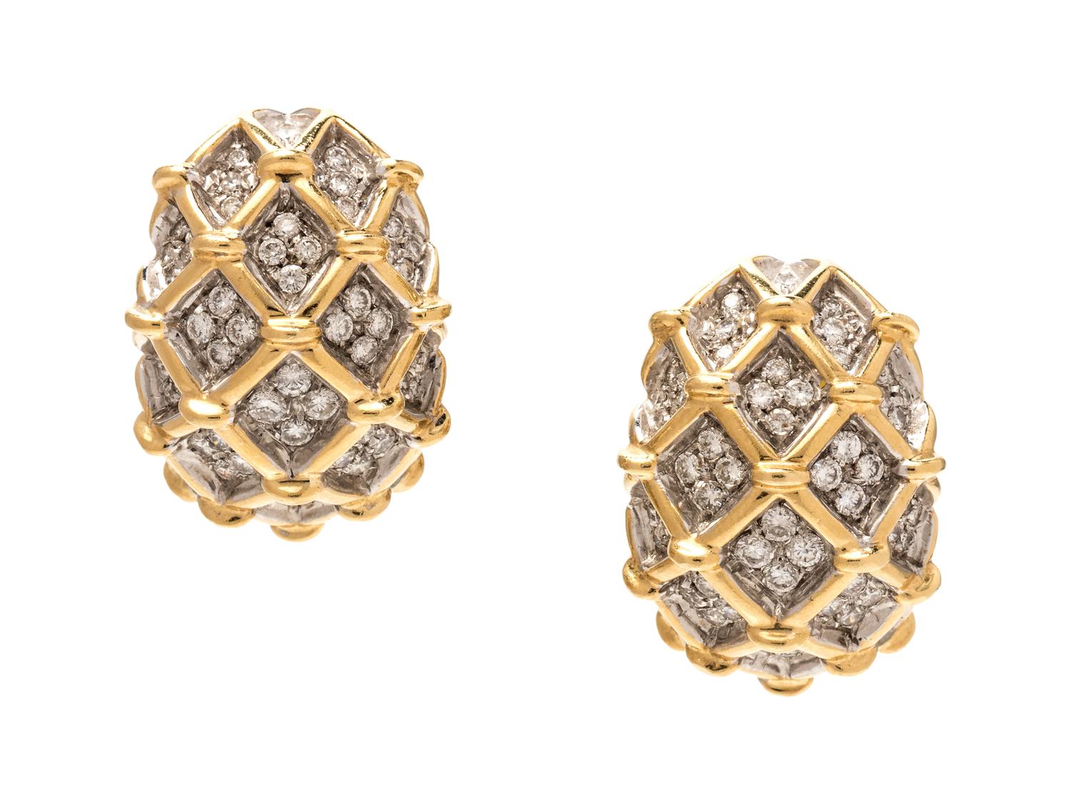 A Pair of Bicolor Gold and Diamond Earclips,