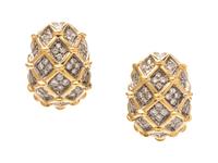 A Pair of Bicolor Gold and Diamond Earclips,