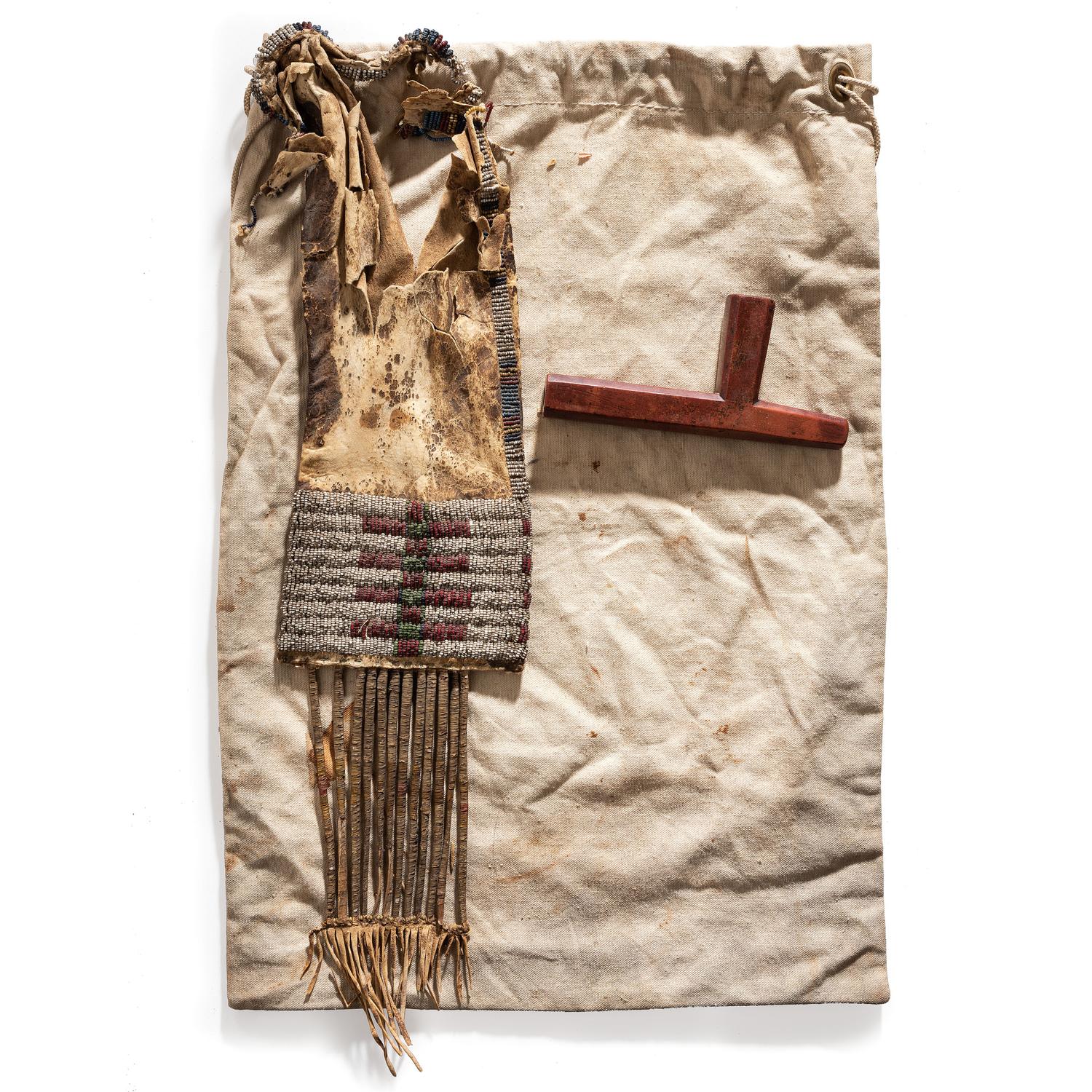 Sioux Catlinite Pipe Bowl and Tobacco Bag, with Inscription: From Chief Joseph to Sitting Bull to Lt. Kennedy