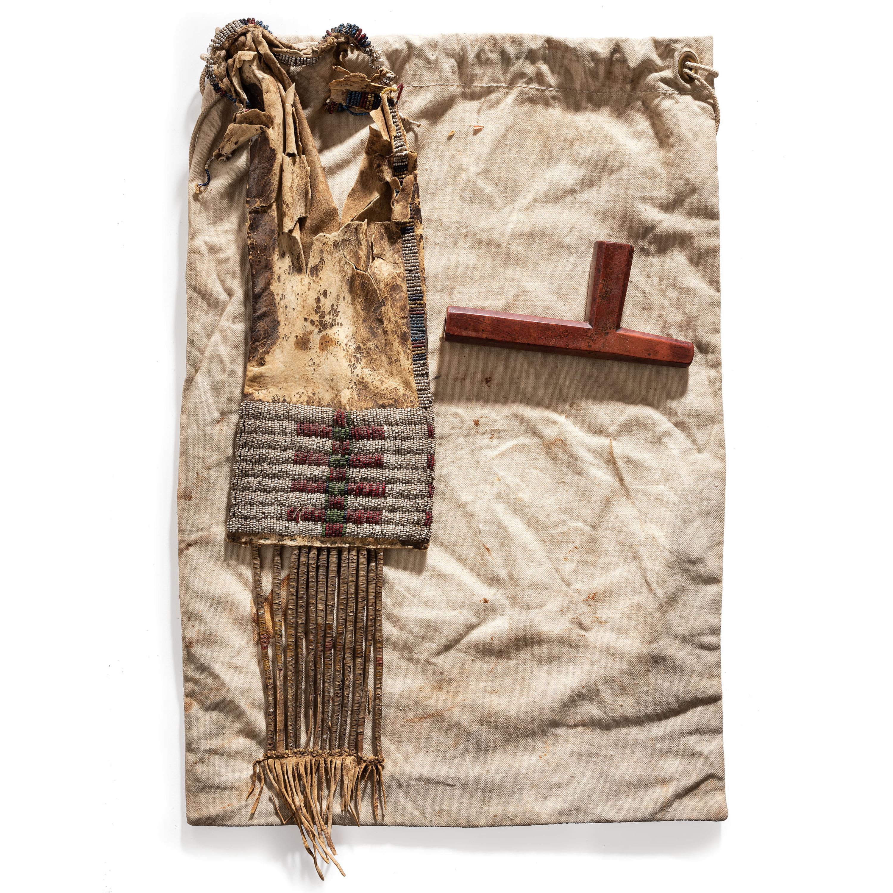 Sioux Catlinite Pipe Bowl and Tobacco Bag, with Inscription: From Chief Joseph to Sitting Bull to Lt. Kennedy