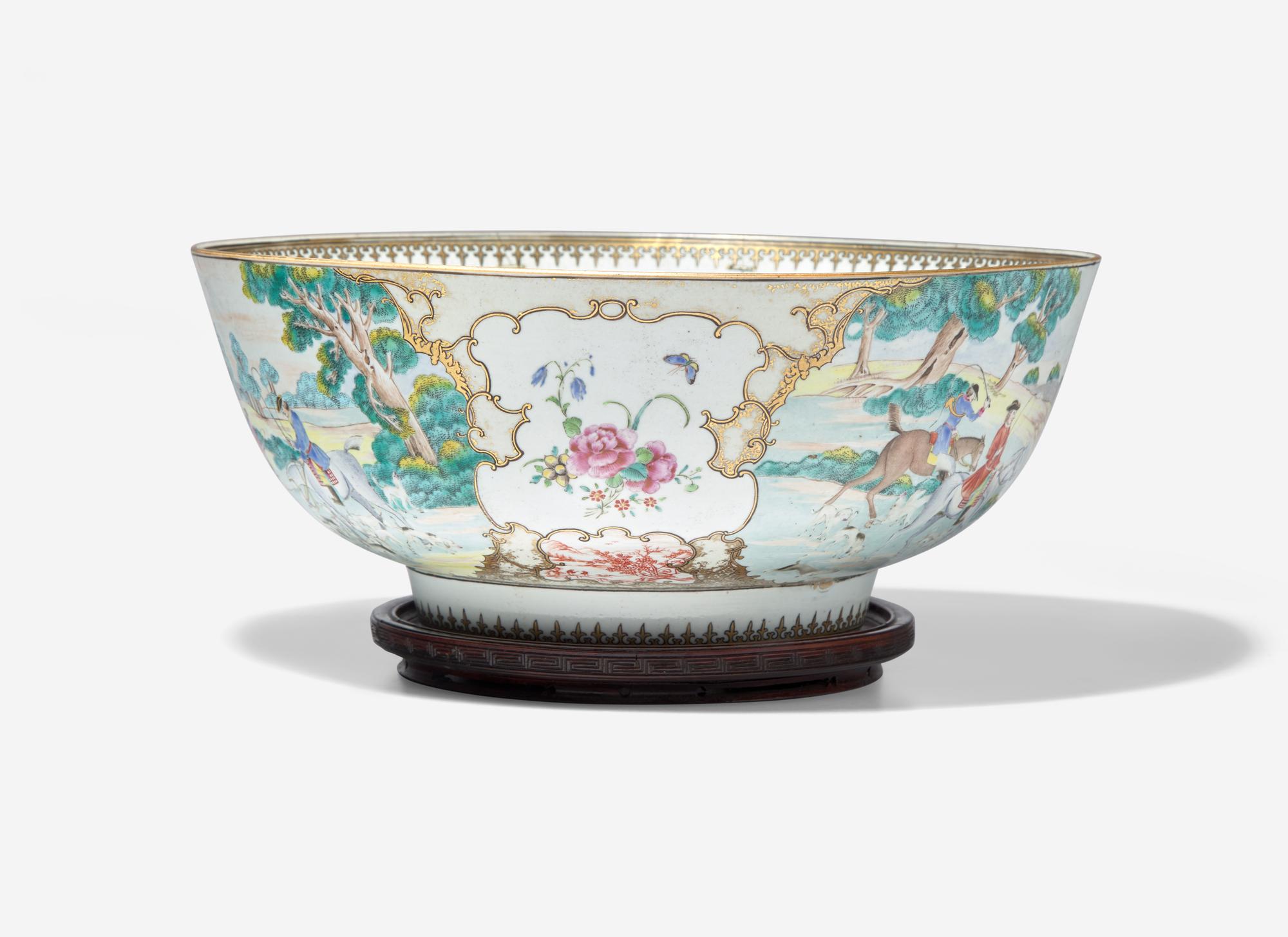 A Chinese Export Porcelain Famille Rose 'Hunt' Punch Bowl