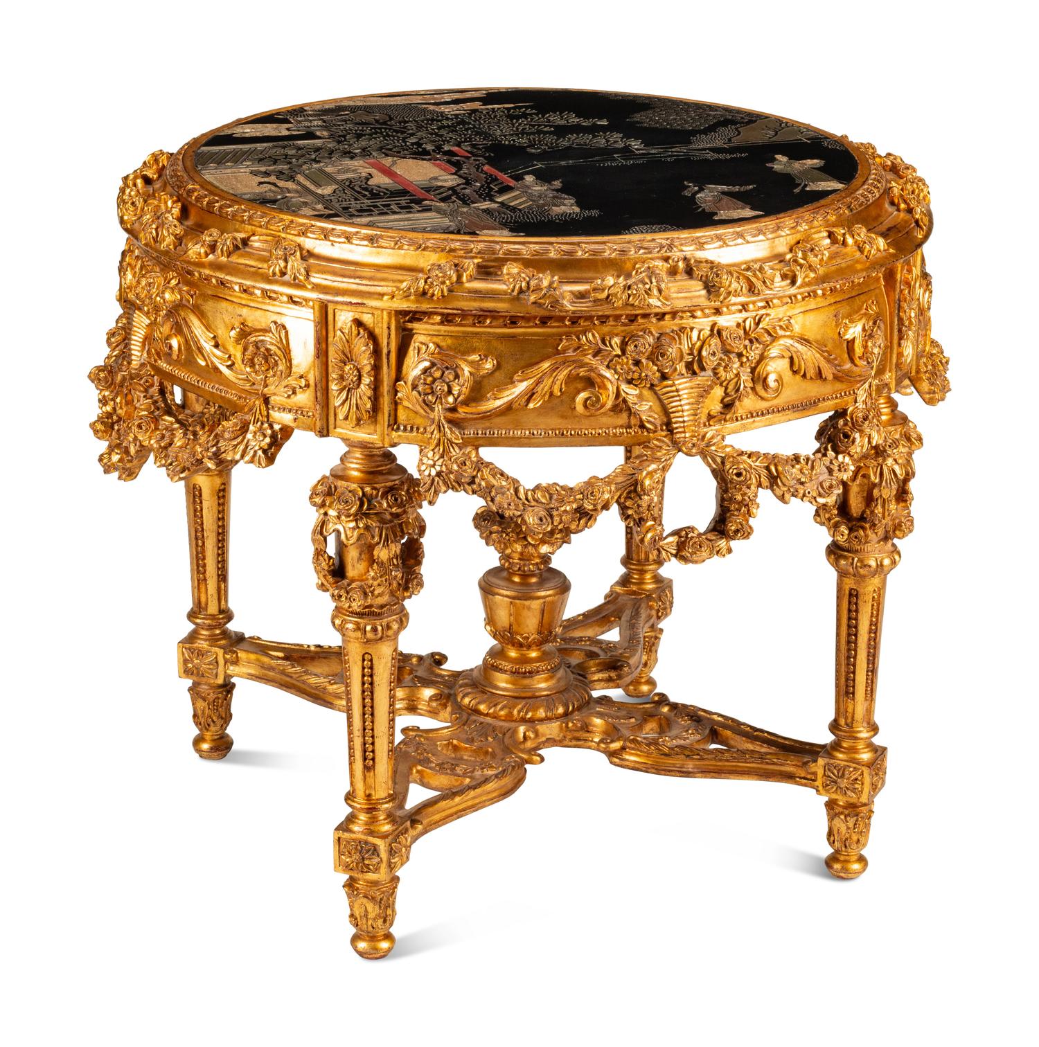 A Continental Giltwood Center Table with a Chinese Lacquer Top