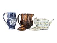 A Creamware Teapot, Rockingham Pitcher, and Royal Doulton Pitcher