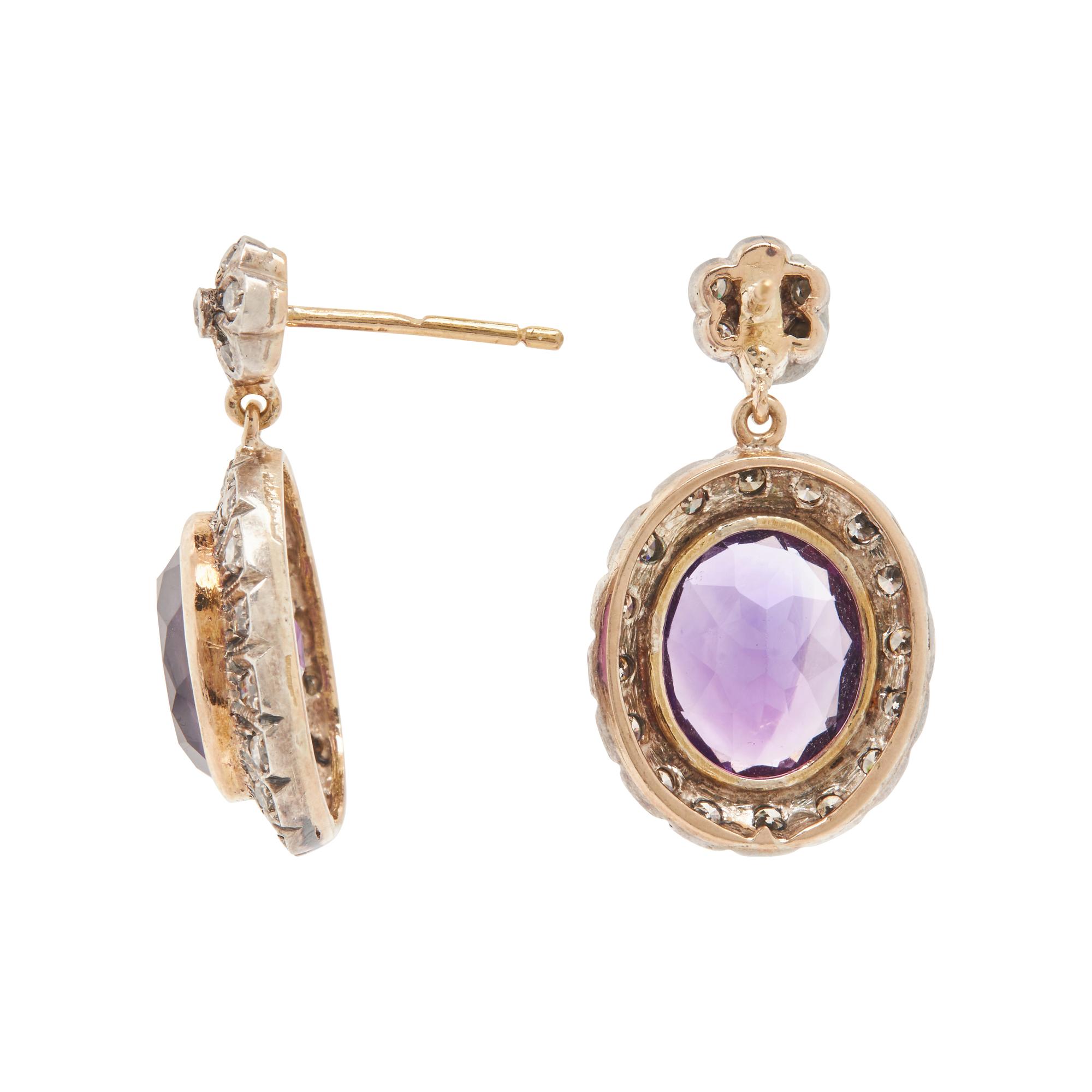 SILVER-TOPPED GOLD, AMETHYST AND DIAMOND EARRINGS