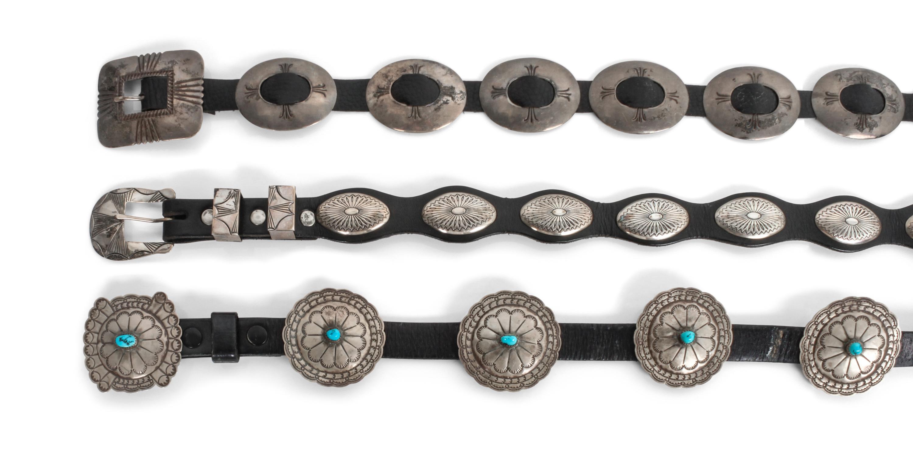 Three Southwestern Style Silver Concho Belts Length of longest 41 inches.