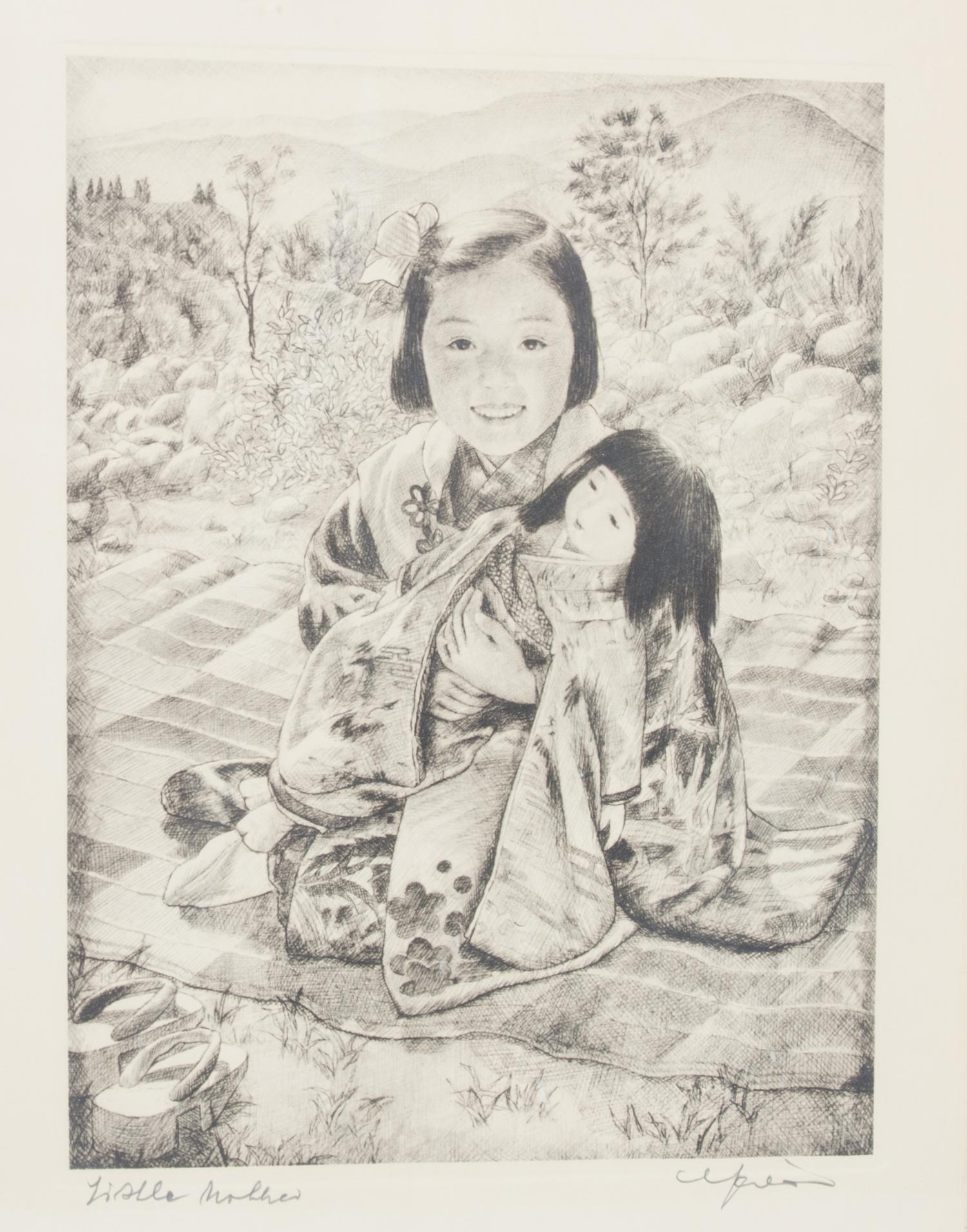 Willy Seiler, (German, 1903-1988), Five works: Japanese Rice Farmer, Rainy Day, Chatterboxes, Famous Beauty, and Little Mother