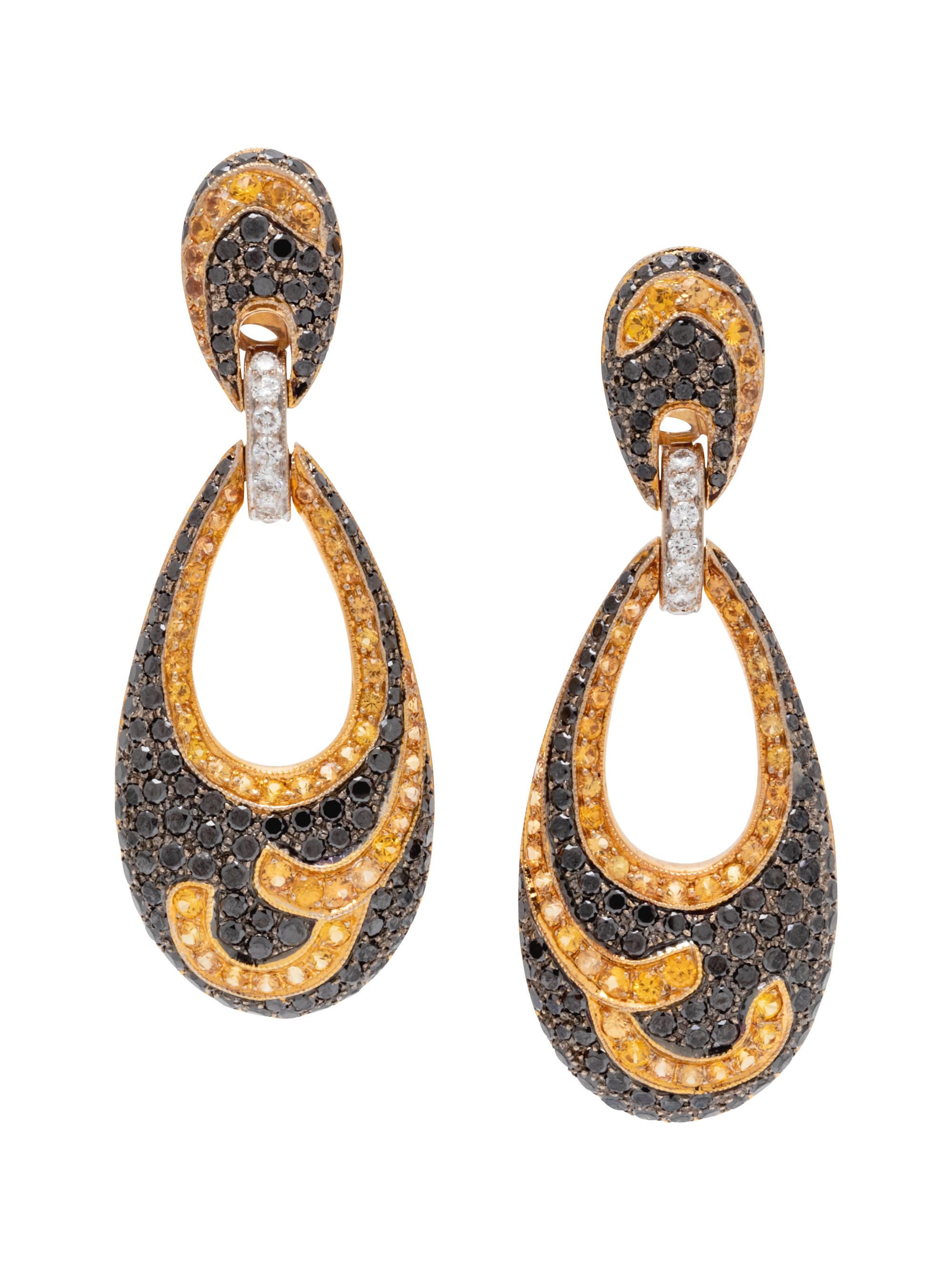 A Pair of 18 Karat Gold, Black Diamond, Sapphire and Diamond Earrings,