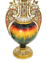 A Pair of French Gilt Bronze, Champlevé Enamel and Plique a Jour Baluster Vases