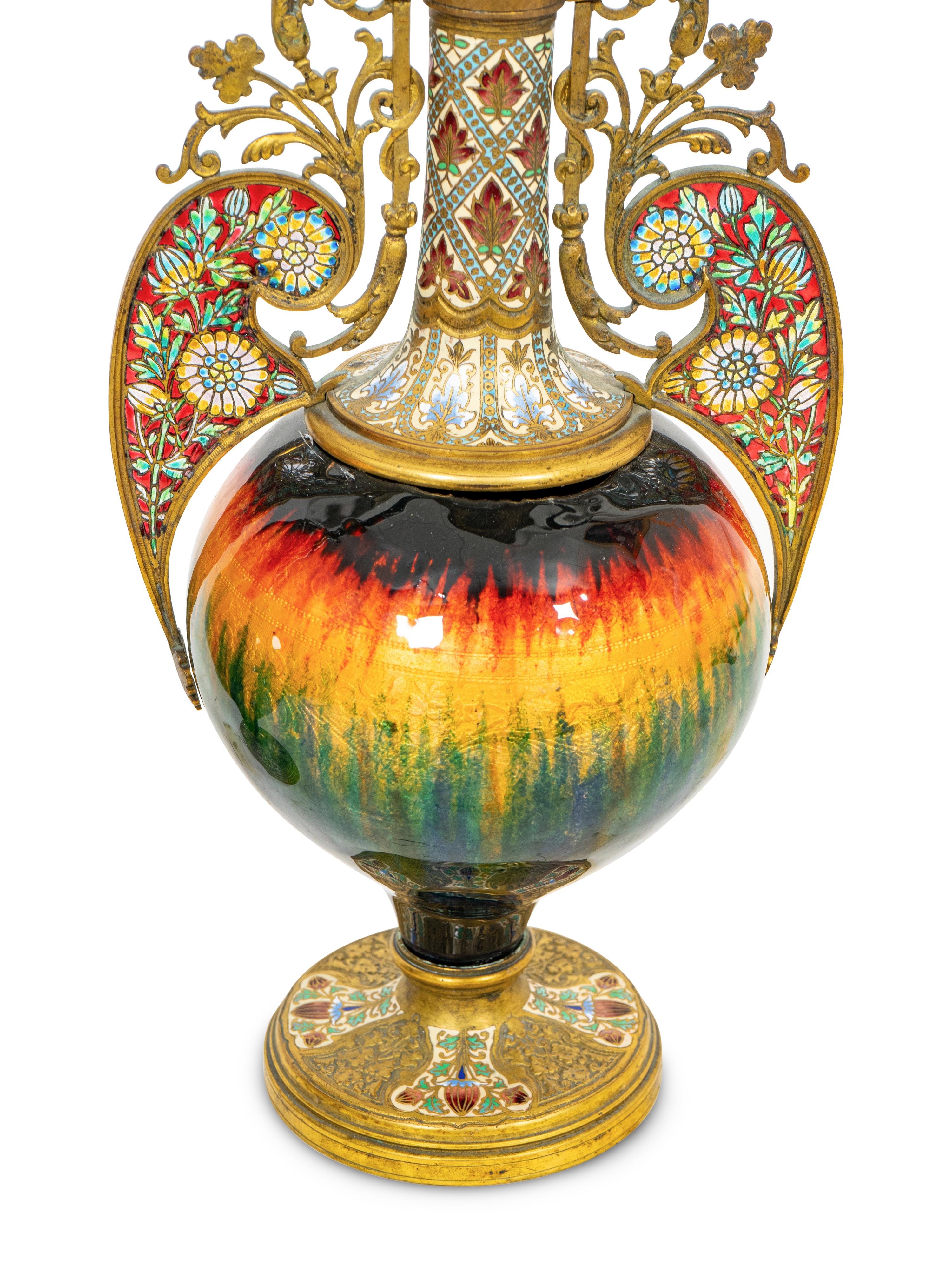 A Pair of French Gilt Bronze, Champlevé Enamel and Plique a Jour Baluster Vases