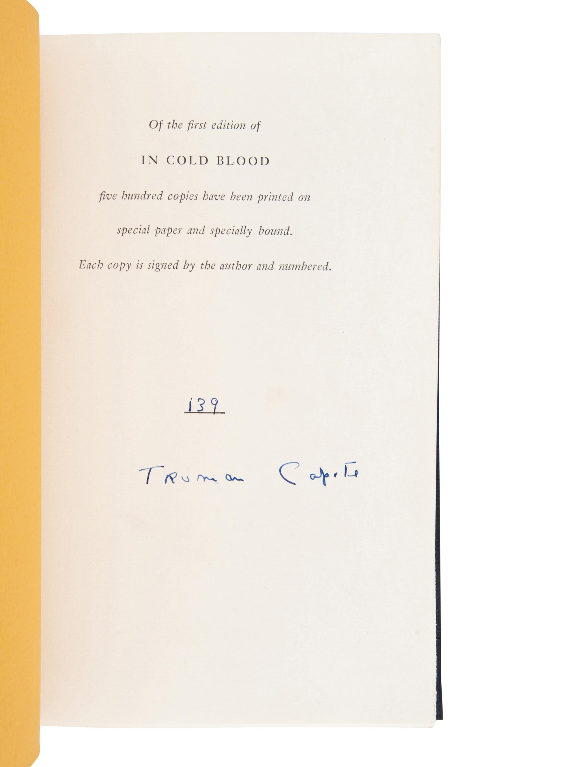 CAPOTE, Truman (1924-1984). In Cold Blood . New York: Random House, 1965.