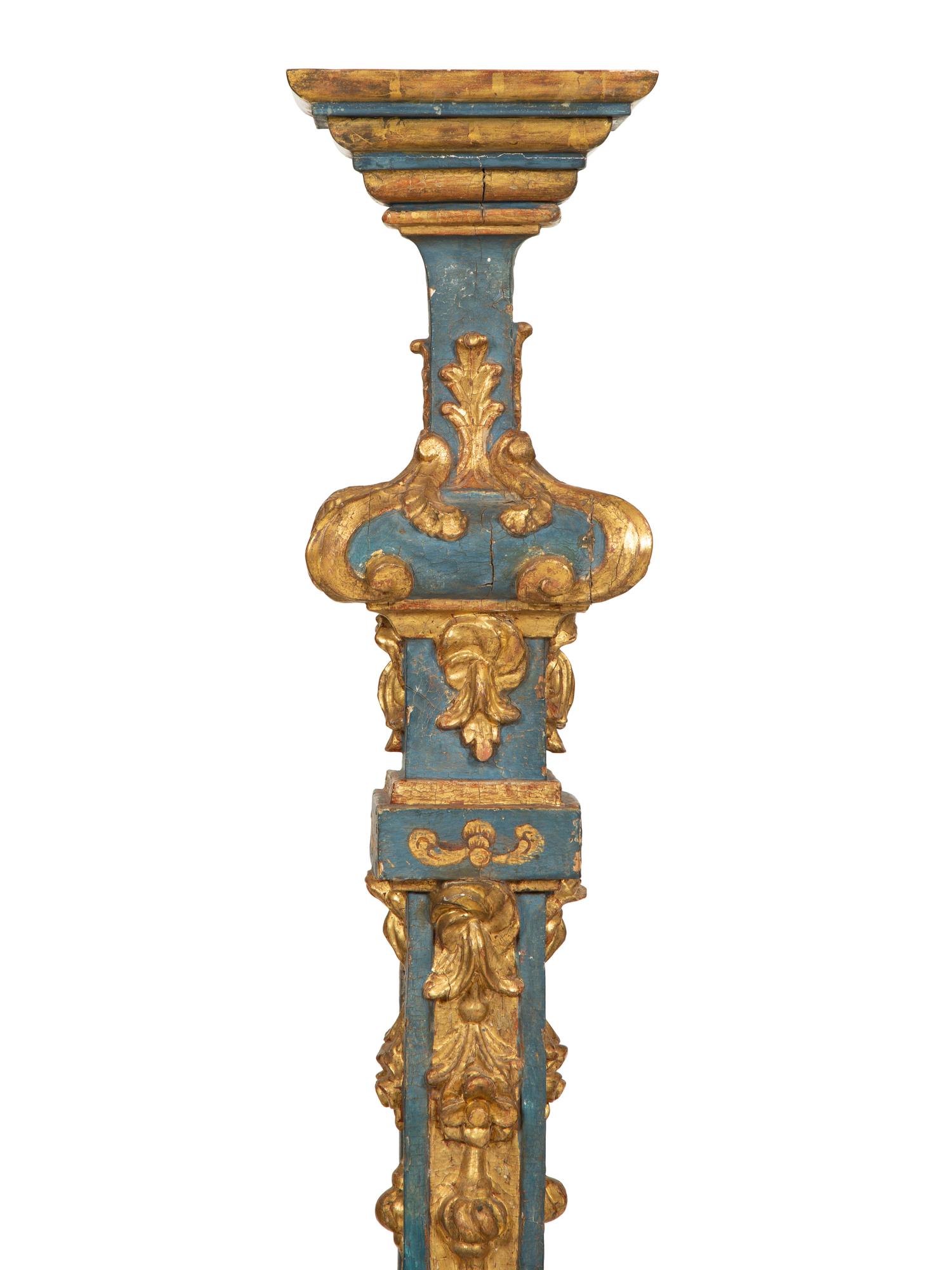 A Pair of Italian Baroque Blue-Painted and Parcel-Gilt Pedestals