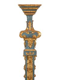 A Pair of Italian Baroque Blue-Painted and Parcel-Gilt Pedestals