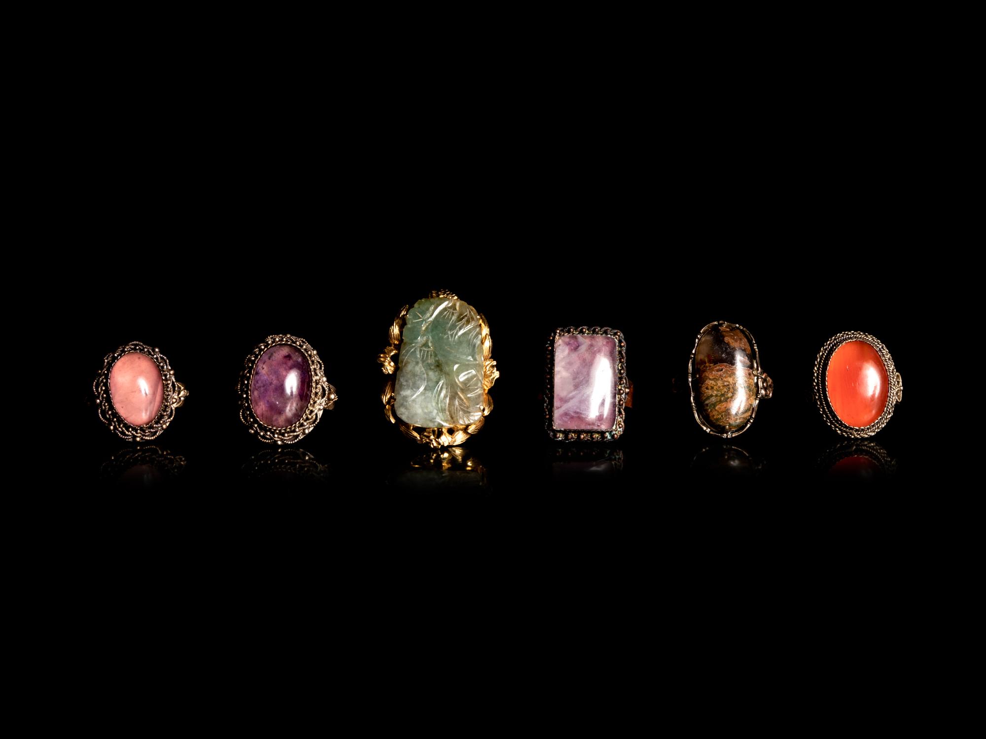 Six Chinese Hardstone Inset Metal Mounted Rings