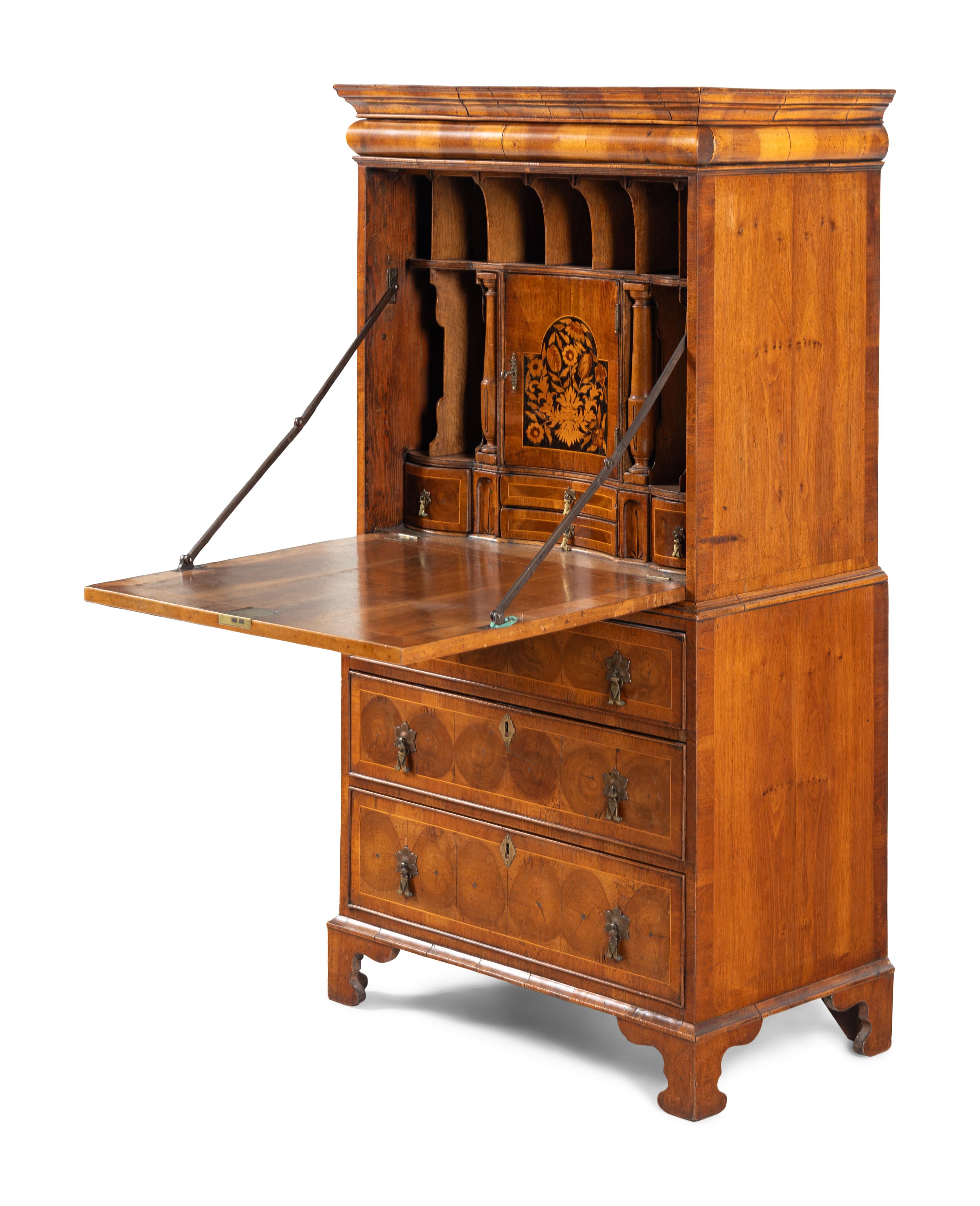 A William and Mary Style Oyster Walnut and Floral Marquetry Fall-Front Bureau